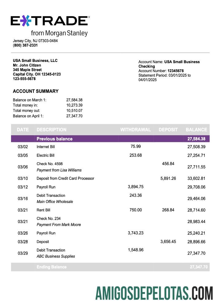 Baixável US Etrade Company Checking modelo de extrato de conta Word e PDF
